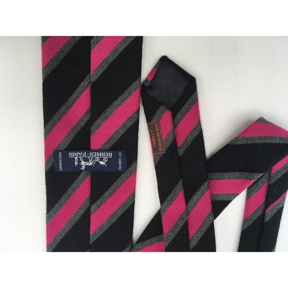 Wool Blend Pink Ties for Men for sale | eBay Hermes Bright Pink on Black Grey Striped Wool and Silk Blend Neck Tie 758817T